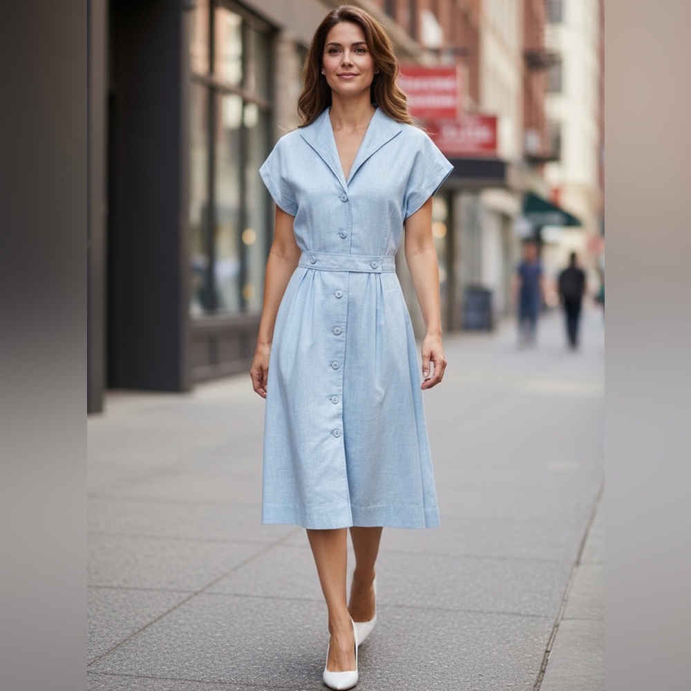 Vintage Chambray Blue Button-Down Dress